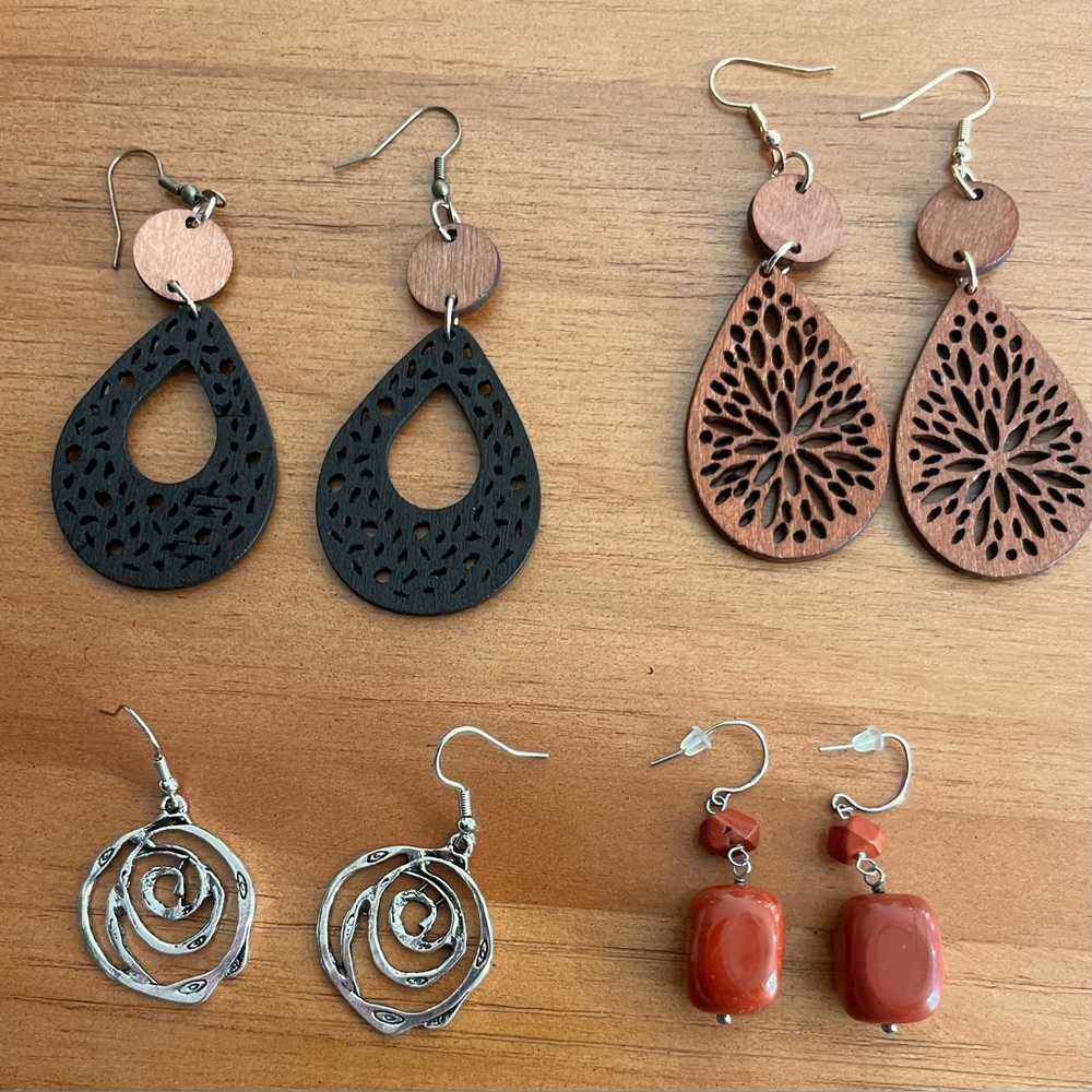 BOGO Four Pairs of Boho Dangly Earrings in Wood, Metal, and Tone